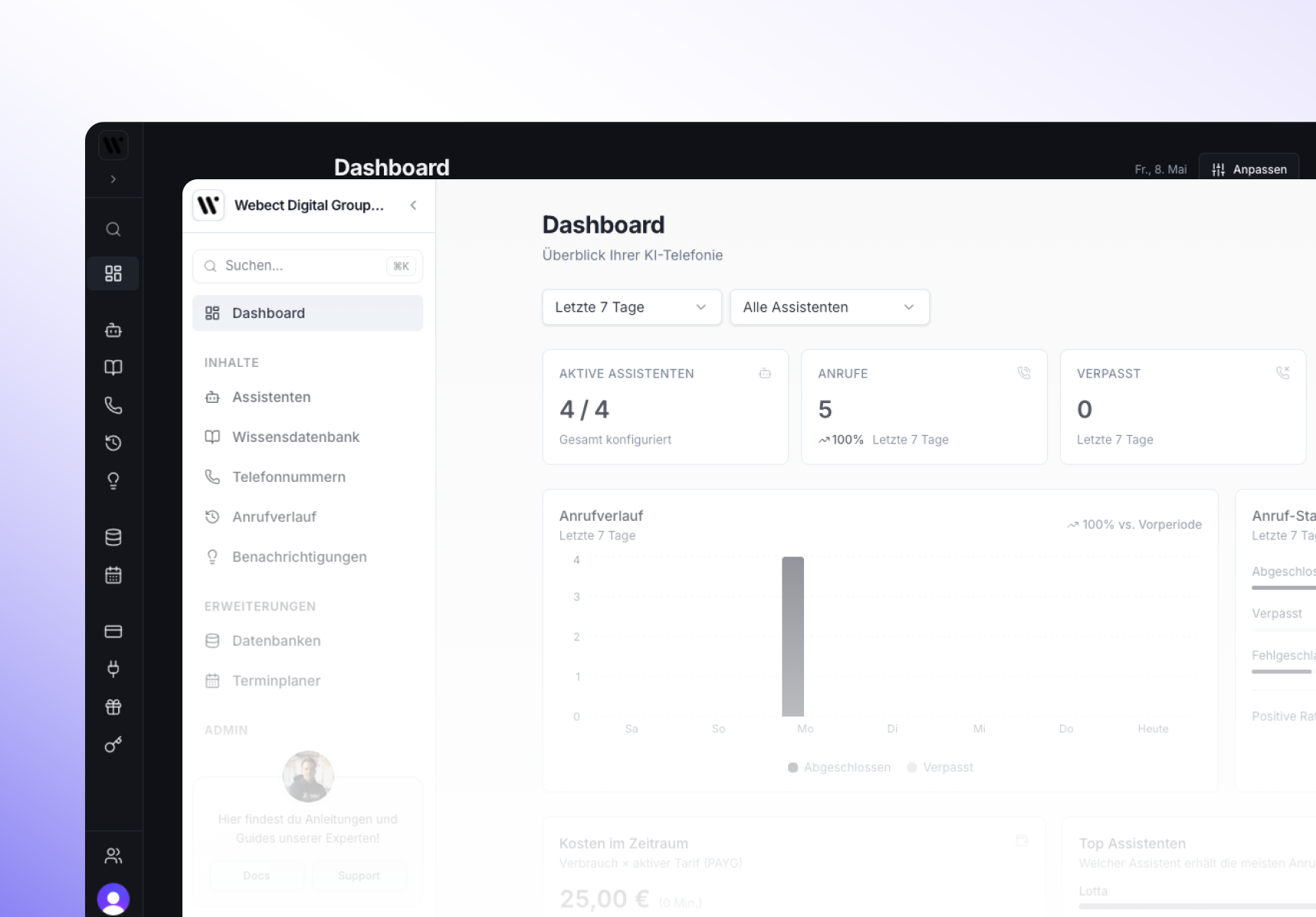 Detailliertes Dashboard mit Anrufverlauf und Anruf-Status