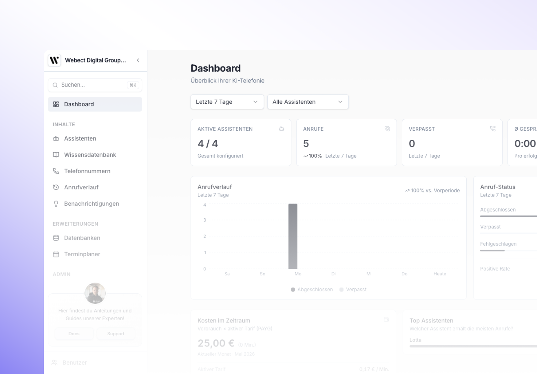 FonAgent Dashboard mit Anrufverlauf und KPIs