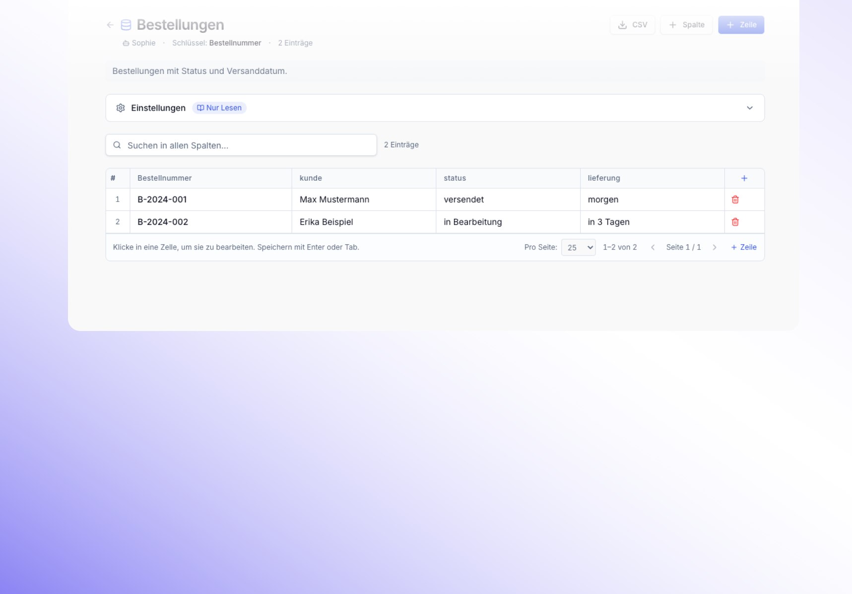 Bestellungs-Tabelle in FonAgent mit Status und Lieferdatum