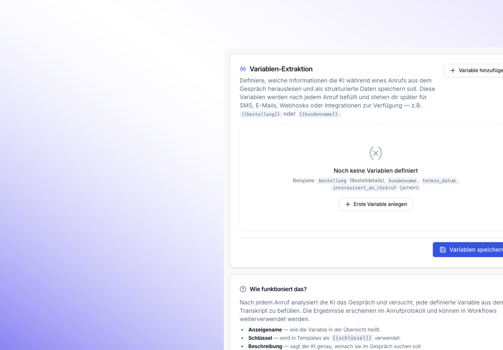Variablen-Extraktion mit Beispielen wie bestellung und kundenname